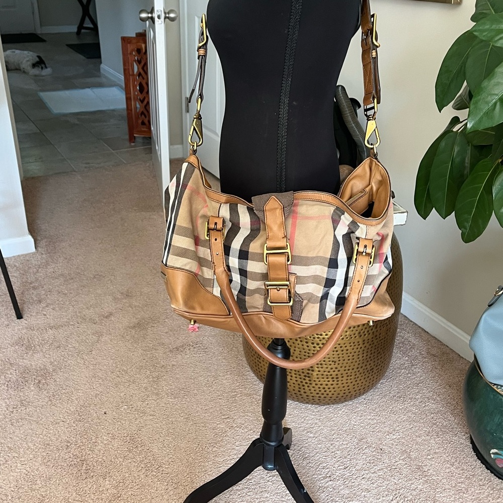 Burberry Tan and Brown Shoulder Bag with Iconic Plaid